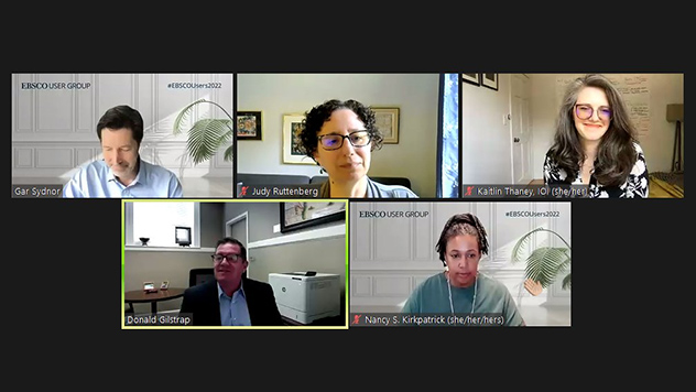 Screenshot capturing 5 speakers with their cameras on during the online EBSCO User Group Meeting in 2022