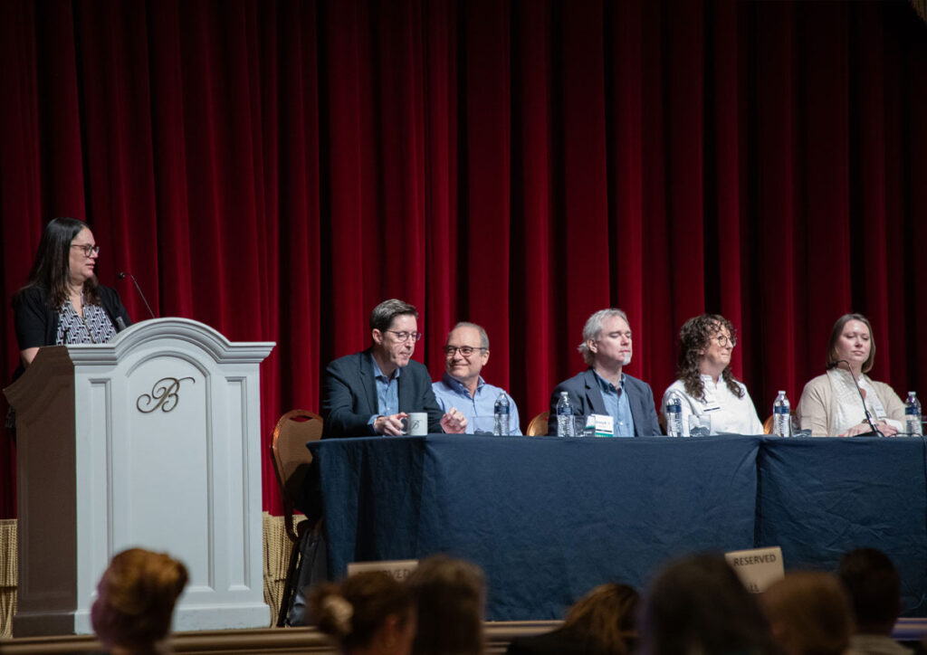 FOLIO Day Opening Session. From left to right, (presenting) Rachel Fadlon, Gar Sydnor, Harry Kaplanian, Joe Reimers, Christine Schulz-Richert, and Stephanie Buck